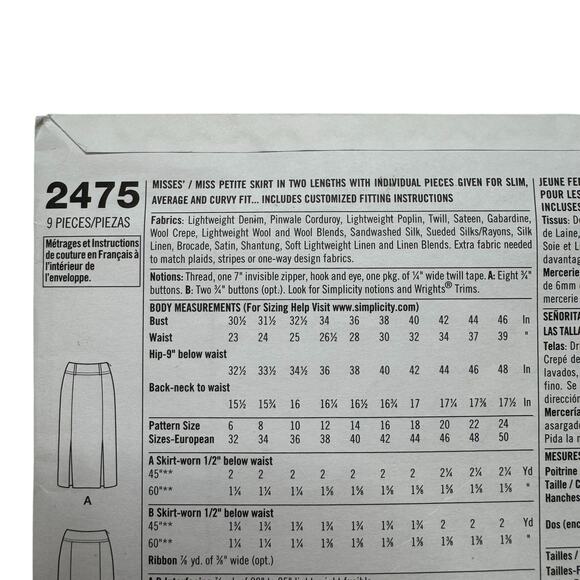SIMPLICITY Amazing Fit Pencil Skirt Pattern Uncut #2475 Size H5 (6,8,10,12,14) - Picture 4 of 5